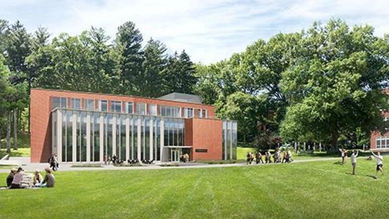 architectural rendering of building with students on the green 